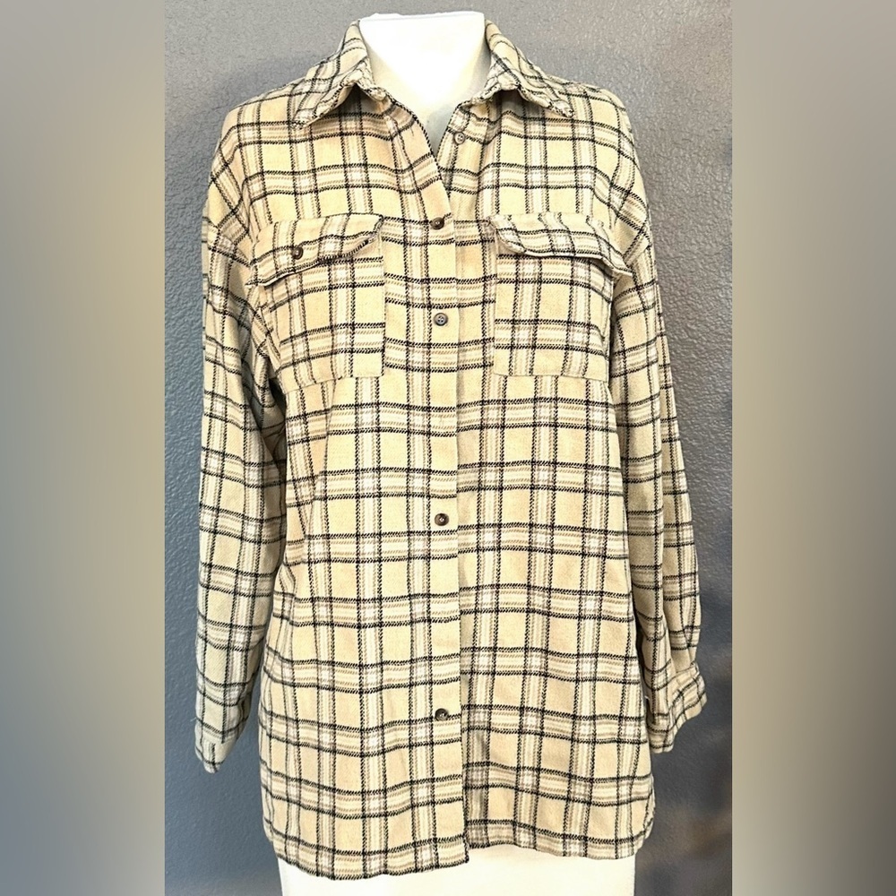 Princess Polly Womens US 4 Button Front Shirt Jacket Shacket Beige Black Flannel - Picture 3 of 12